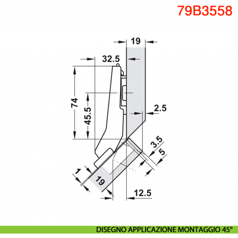 Cerniera Blum 79B3558 Clip Top Blumotion per mobili ad angolo +45 gradi II battuta a sormonto ammortizzata apertura 110 gradi
