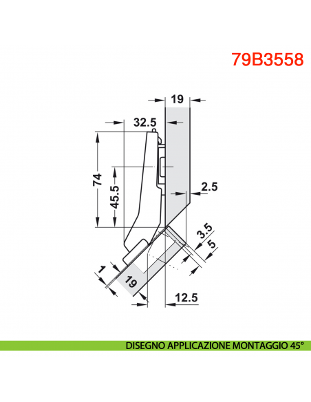 Cerniera Blum 79B3558 Clip Top Blumotion per mobili ad angolo +45 gradi II battuta a sormonto ammortizzata apertura 110 gradi