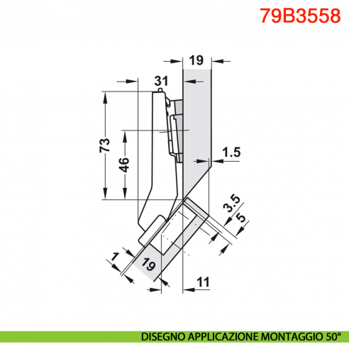 Cerniera Blum 79B3558 Clip Top Blumotion per mobili ad angolo +45 gradi II battuta a sormonto ammortizzata apertura 110 gradi