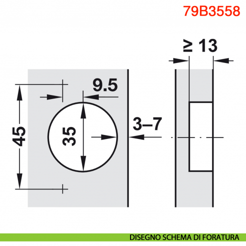 Cerniera Blum 79B3558 Clip Top Blumotion per mobili ad angolo +45 gradi II battuta a sormonto ammortizzata apertura 110 gradi