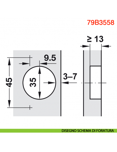 Cerniera Blum 79B3558 Clip Top Blumotion per mobili ad angolo +45 gradi II battuta a sormonto ammortizzata apertura 110 gradi