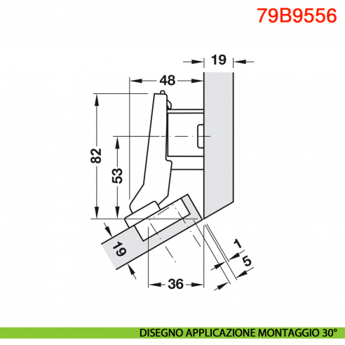 Cerniera Blum 79B9556 Clip Top Blumotion per mobili ad angolo +30 gradi II battuta a sormonto ammortizzata apertura 95 gradi