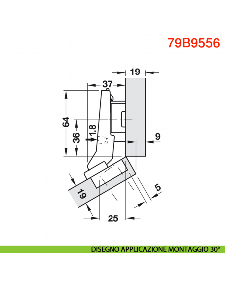 Cerniera Blum 79B9556 Clip Top Blumotion per mobili ad angolo +30 gradi II battuta a sormonto ammortizzata apertura 95 gradi