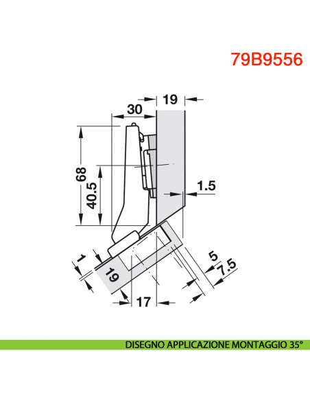 Cerniera Blum 79B9556 Clip Top Blumotion per mobili ad angolo +30 gradi II battuta a sormonto ammortizzata apertura 95 gradi