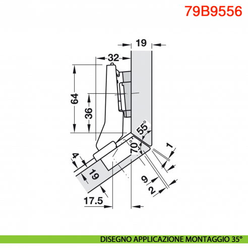 Cerniera Blum 79B9556 Clip Top Blumotion per mobili ad angolo +30 gradi II battuta a sormonto ammortizzata apertura 95 gradi