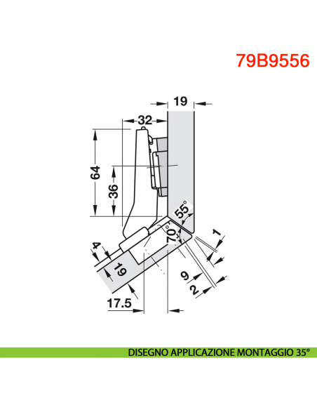 Cerniera Blum 79B9556 Clip Top Blumotion per mobili ad angolo +30 gradi II battuta a sormonto ammortizzata apertura 95 gradi