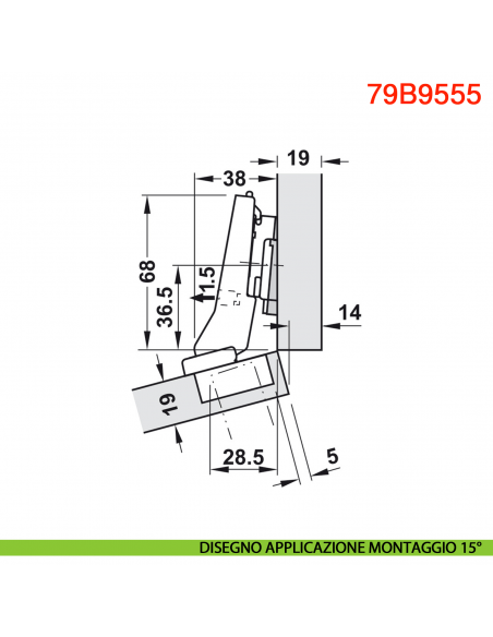 Cerniera Blum 79B9555 Clip Top Blumotion per mobili ad angolo +20 gradi II battuta a sormonto ammortizzata apertura 95 gradi