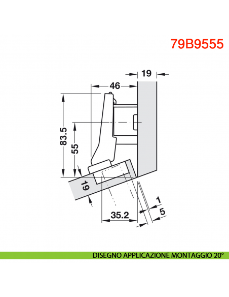Cerniera Blum 79B9555 Clip Top Blumotion per mobili ad angolo +20 gradi II battuta a sormonto ammortizzata apertura 95 gradi
