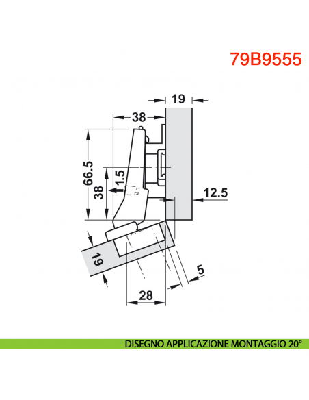 Cerniera Blum 79B9555 Clip Top Blumotion per mobili ad angolo +20 gradi II battuta a sormonto ammortizzata apertura 95 gradi
