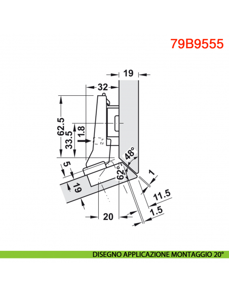 Cerniera Blum 79B9555 Clip Top Blumotion per mobili ad angolo +20 gradi II battuta a sormonto ammortizzata apertura 95 gradi