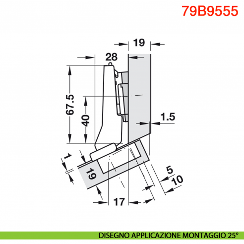 Cerniera Blum 79B9555 Clip Top Blumotion per mobili ad angolo +20 gradi II battuta a sormonto ammortizzata apertura 95 gradi