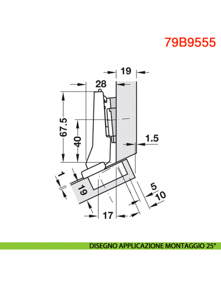 Cerniera Blum 79B9555 Clip Top Blumotion per mobili ad angolo +20 gradi II battuta a sormonto ammortizzata apertura 95 gradi