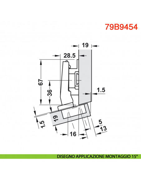 Cerniera Blum 79B9454 Clip Top Blumotion per mobili ad angolo +15 gradi III battuta a sormonto ammortizzata apertura 95 gradi