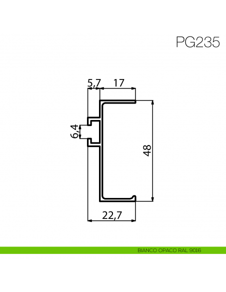 Profilo gola sottotop per cucina altezza 48 mm in alluminio fissaggio con clip Gap Italia PG235 - disegno