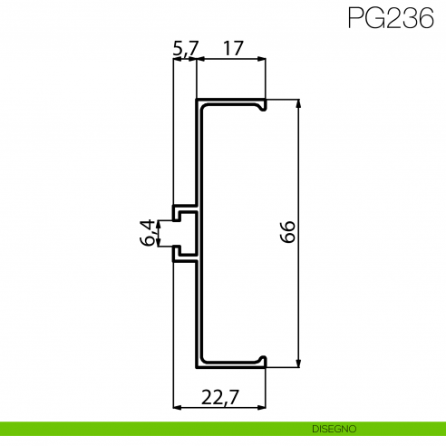 Profilo gola cassettiera per cucina altezza 66 mm in alluminio fissaggio con clip Gap Italia PG236 - disegno