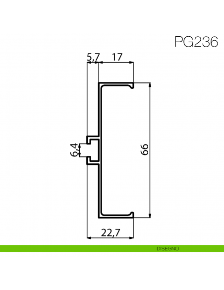 Profilo gola cassettiera per cucina altezza 66 mm in alluminio fissaggio con clip Gap Italia PG236 - disegno