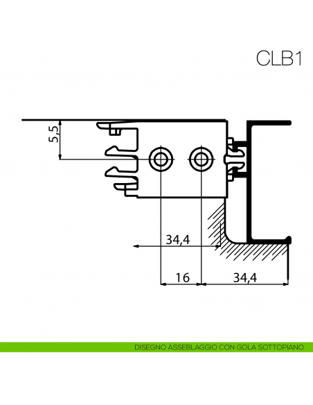 Fissaggio Clip Art per profilo gola in alluminio per cucina Gap Italia CLB1 - assemblaggio con gola sottopiano