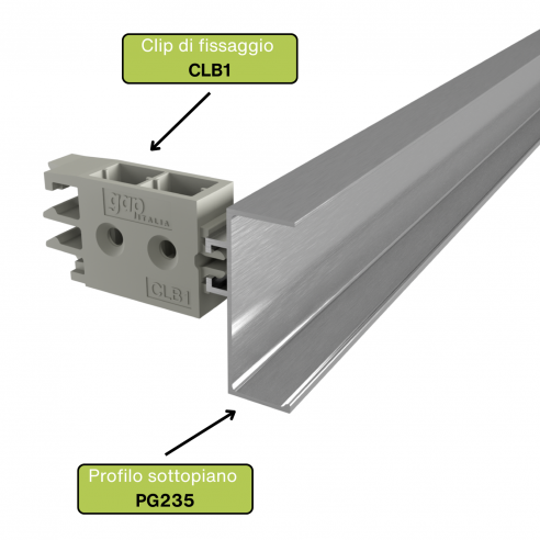 Profilo gola sottotop per cucina altezza 48 mm in alluminio fissaggio con clip Gap Italia PG235