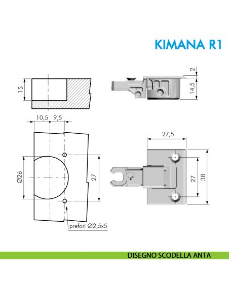 Cerniera per anta a ribalta e rialza Ferramenta Livenza Kimana R1 per spessore da 16 a 20 mm - disegno scodella anta