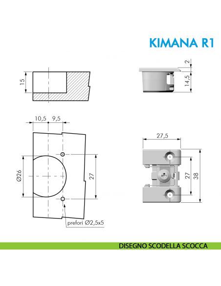 Cerniera per anta a ribalta e rialza Ferramenta Livenza Kimana R1 per spessore da 16 a 20 mm - disegno scodella scocca