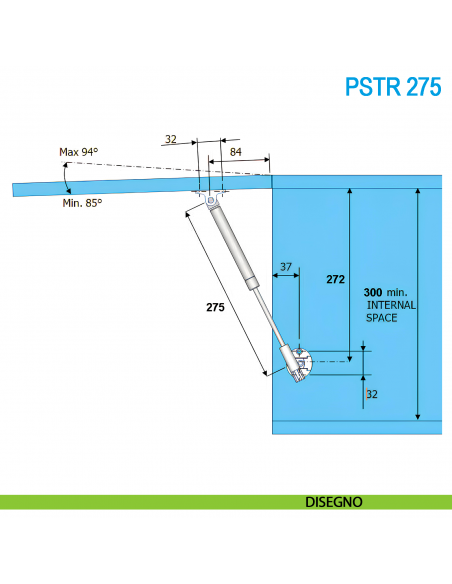 Pistone a gas Donati PSTR 60 Newton soft-stop lunghezza 275 mm per ante con apertura verso l'alto - disegno
