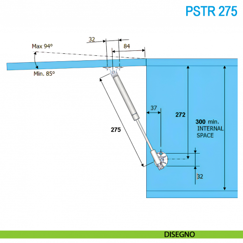 Asta a gas Donati PSTR 100 Newton per ante a ribalta verso l'alto soft-stop lunghezza 275 mm - disegno