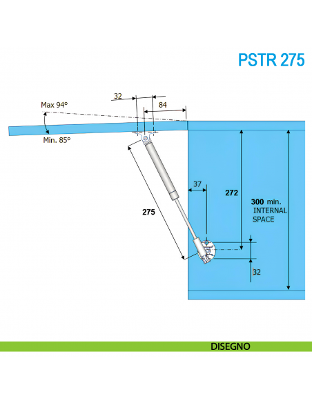 Pistone a gas Donati PSTR 150 Newton per ante a ribalta verso l'alto lunghezza 275 mm soft-stop - disegno
