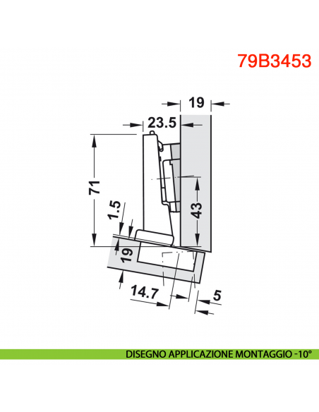 Cerniera Blum 79B3453 Clip Top Blumotion per mobili ad angolo -15 gradi III battuta a sormonto massima ammortizzata 110 gradi