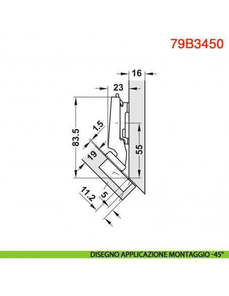 Cerniera Blum 79B3450 Clip Top Blumotion per mobili ad angolo -45 gradi III battuta a sormonto massima ammortizzata 110 gradi