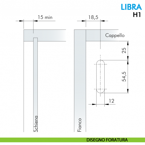 Attaccaglia a scomparsa per mobile pensile Ferramenta Livenza Libra H1 fissaggio senza foratura - disegno foratura