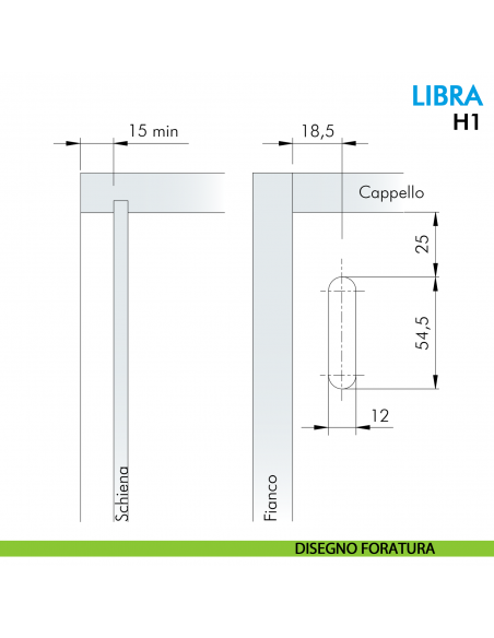 Attaccaglia a scomparsa per mobile pensile Ferramenta Livenza Libra H1 fissaggio senza foratura - disegno foratura