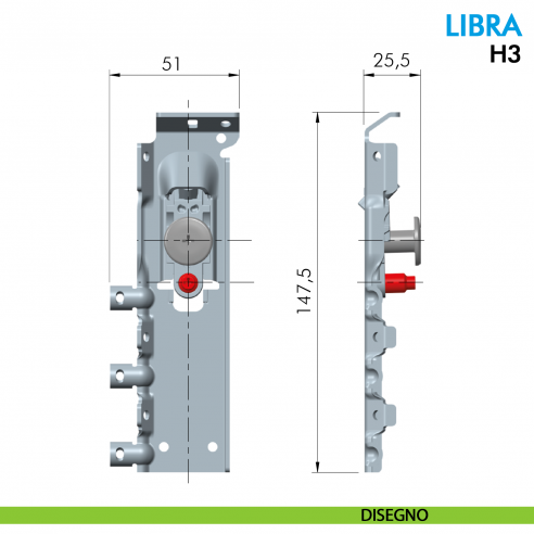 Attaccaglia a scomparsa per mobile pensile Ferramenta Livenza Libra H3 fissaggio con foratura - disegno