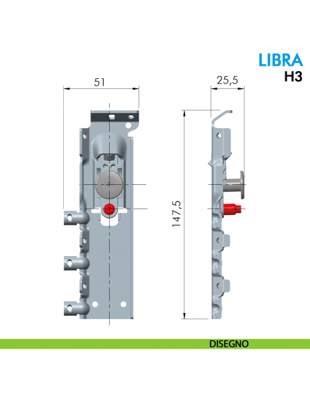 Attaccaglia a scomparsa per mobile pensile Ferramenta Livenza Libra H3 fissaggio con foratura - disegno