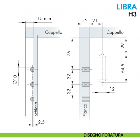 Attaccaglia a scomparsa per mobile pensile Ferramenta Livenza Libra H3 fissaggio con foratura - disegno foratura