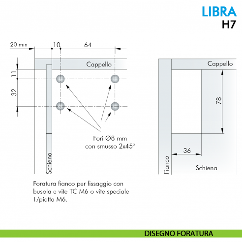 Attaccaglia per basi Ferramenta Livenza Libra H7 fissaggio con foratura sul mobile - disegno foratura