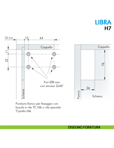 Attaccaglia per basi Ferramenta Livenza Libra H7 fissaggio con foratura sul mobile - disegno foratura