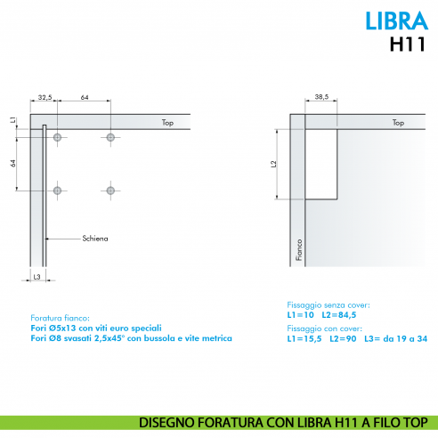 Attaccaglia per base sospesa Ferramenta Livenza Libra H11 con sistema antisganciamento fissaggio con foratura sul mobile