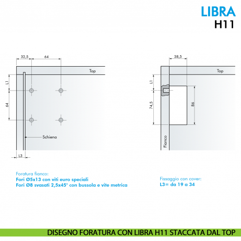 Attaccaglia per base sospesa Ferramenta Livenza Libra H11 con sistema antisganciamento fissaggio con foratura sul mobile