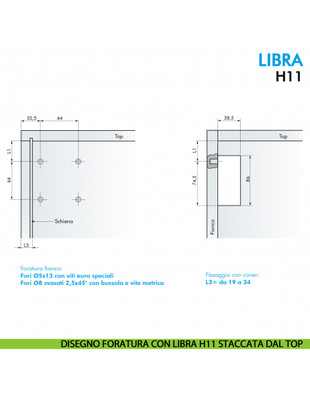 Attaccaglia per base sospesa Ferramenta Livenza Libra H11 con sistema antisganciamento fissaggio con foratura sul mobile