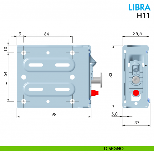 Attaccaglia per base sospesa Ferramenta Livenza Libra H11 con sistema antisganciamento fissaggio con foratura sul mobile