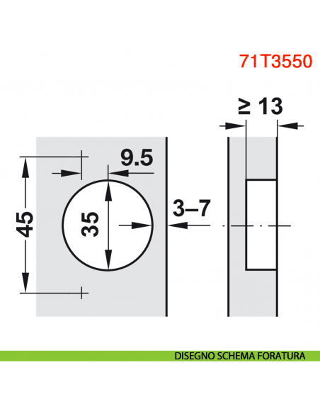 Cerniera Blum 71T3550 Clip Top a battuta con molla apertura 110 gradi - disegno schema di foratura