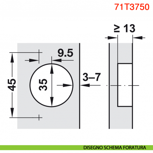 Cerniera Blum 71T3750 Clip Top battuta interna con molla apertura 110 gradi - disegno schema di foratura