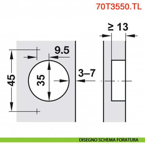 Cerniera Blum 70T3550.TL Clip Top a battuta senza molla apertura 110 gradi - disegno schema di foratura