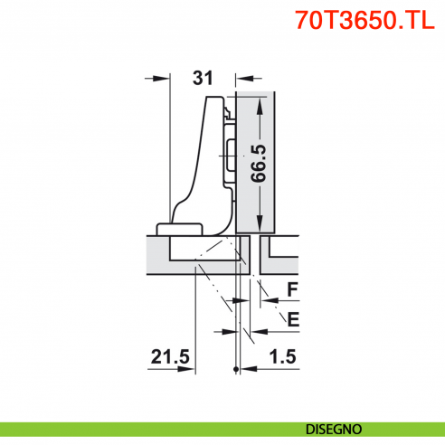 Cerniera Blum 70T3650.TL Clip Top mezza battuta senza molla apertura 110 gradi - disegno