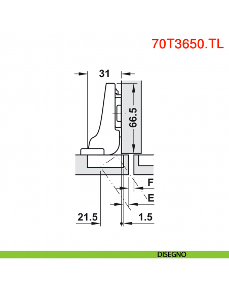 Cerniera Blum 70T3650.TL Clip Top mezza battuta senza molla apertura 110 gradi - disegno