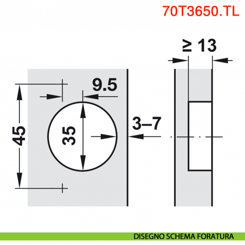 Cerniera Blum 70T3650.TL Clip Top mezza battuta senza molla apertura 110 gradi - disegno schema di foratura