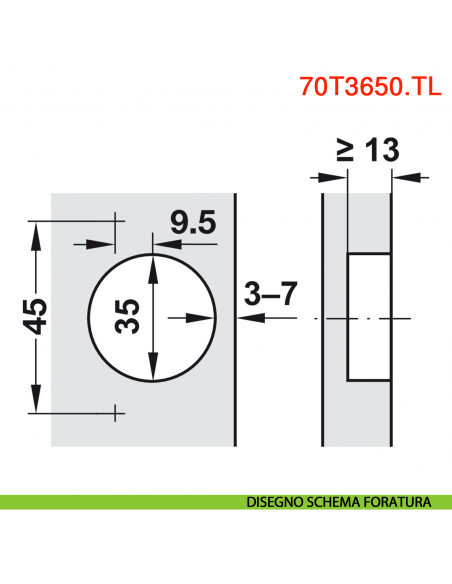 Cerniera Blum 70T3650.TL Clip Top mezza battuta senza molla apertura 110 gradi - disegno schema di foratura