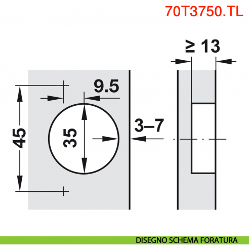 Cerniera Blum 70T3750.TL Clip Top battuta interna senza molla apertura 110 gradi - disegno schema di foratura