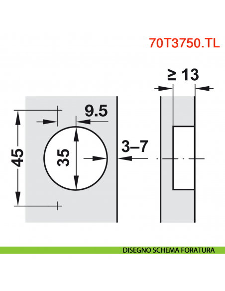 Cerniera Blum 70T3750.TL Clip Top battuta interna senza molla apertura 110 gradi - disegno schema di foratura
