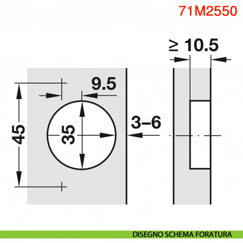 Cerniera Blum 71M2550 Clip a battuta con molla apertura 100 gradi - disegno schema di foratura
